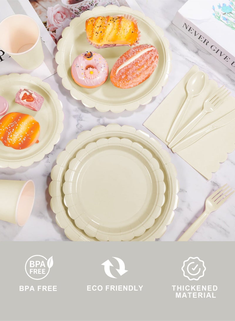 HomarKet 200 Pcs Disposable Paper Plates and Napkins,25 Guest Party Supplies Dinnerware Set Include Scalloped Paper Plates Napkin Cup Straw Plastic Spoon Fork Knive for Party,Wedding,Birthday (Beige) - Image 3